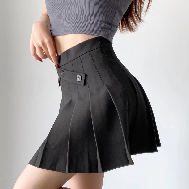 New Summer Oblique Button High Waist Pleated Skirt