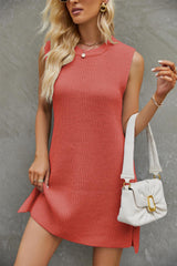 Round Neck Sleeveless Dress Summer Fashion Commuting Solid Color Slit Design Dress For Womens Clothing