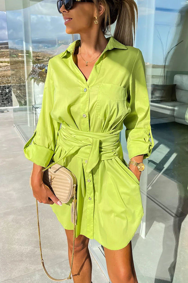 Multi-Color Rolled Sleeves Shirt Dress Women