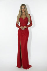 Red long sleeve gown with sweetheart neckline and thigh slit, elegant evening dress for women