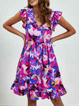 Lovemi -  Leaf Print Dress Summer V-neck Ruffled Sleeveless A-Line Dresses Fashion Casual Holiday Beach Dress For Womens Clothing