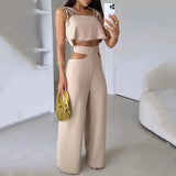 Cross-border Solid Color Sling Top Casual Hollow-out Trousers Suit