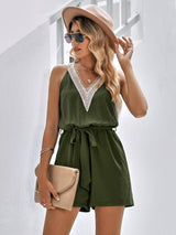 Casual Jumpsuit Lace V-neck Sleeveless Tops Tie-up Shorts Summer Beach Clothes