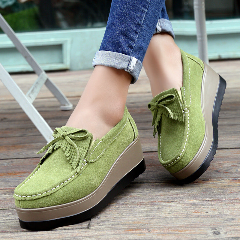 Lovemi -  Tassel Bow Design Shoes For Woman Fashion Thick Bottom Wedges Shoes Casual Slip On Solid Color Flats