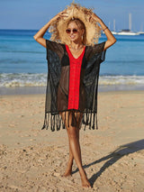 Angel Wings Contrast Fringe Trim Openwork Cover-Up Dress-Black/Red-13