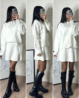 Women’s Sweater Skirt Set – 2-Piece Knit Outfit | Elegant Long Sleeve Pullover & High-Waist Mini Skirt-White-5