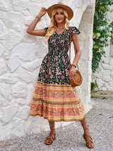 Lovemi -  New Flowers Print V-neck Dress Summer Casual Ruffle Sleeveless Dresses Bohemian Holiday Beach Dress For Womens Clothing