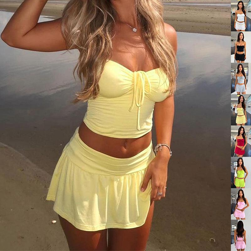 Women's Suits Summer Sleeveless Tube Top And Pleating Skirt Y2K Hot Girl Mid-length Dress Set