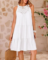 Summer Halterneck A-line Dress With Flower Hollow Lace Design Casual Loose Vacation Beach Dresses For Womens Clothing