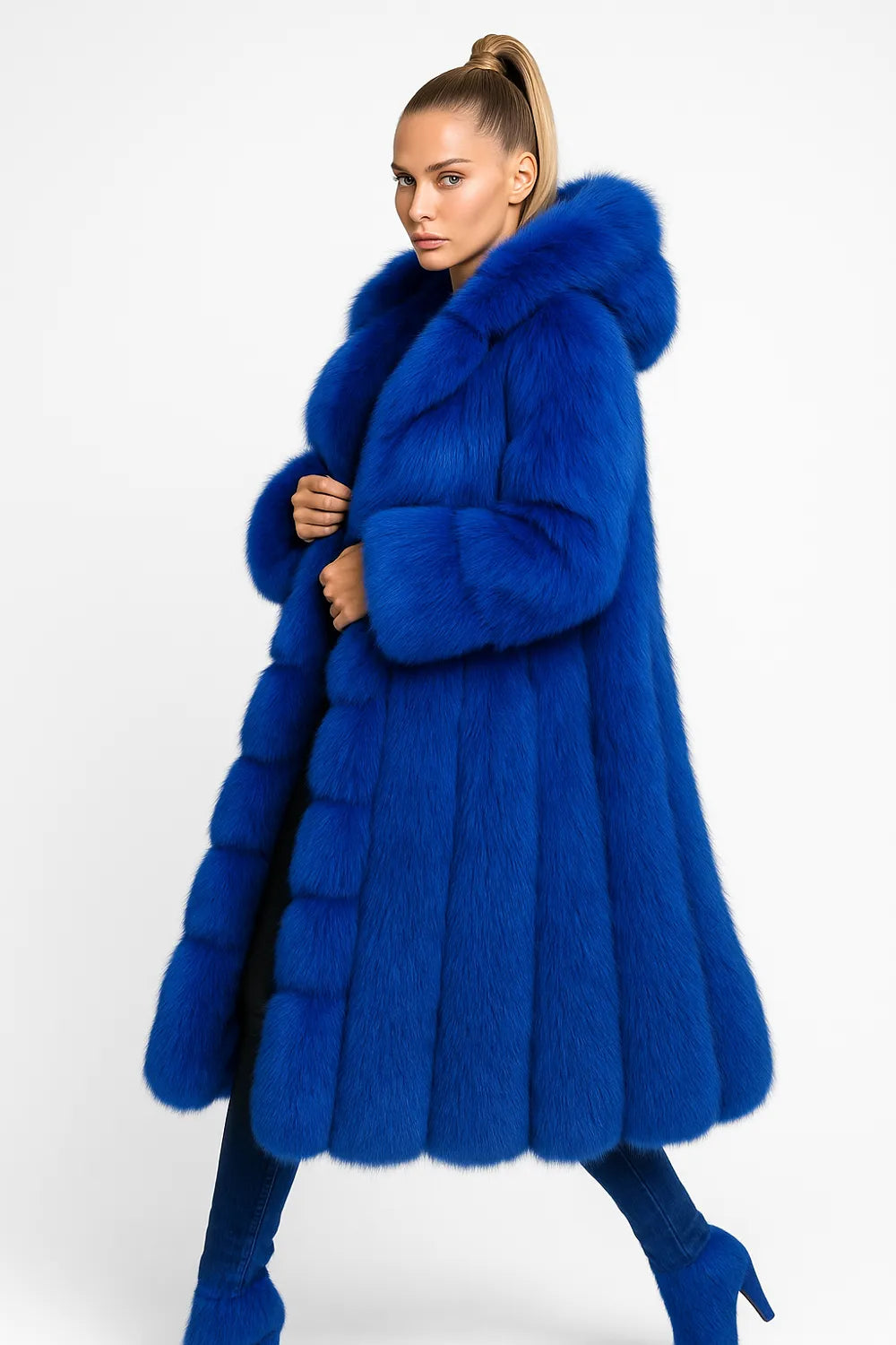 Luxury long grey faux fur coat with hood for women – chic winter fashion statement USA 2