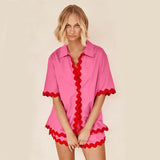Lovemi -  2Pcs Summer Shirt Suit With Short-sleeved V-neck Shirt And Shorts Fashion Wave Print Suits For Womens Clothing