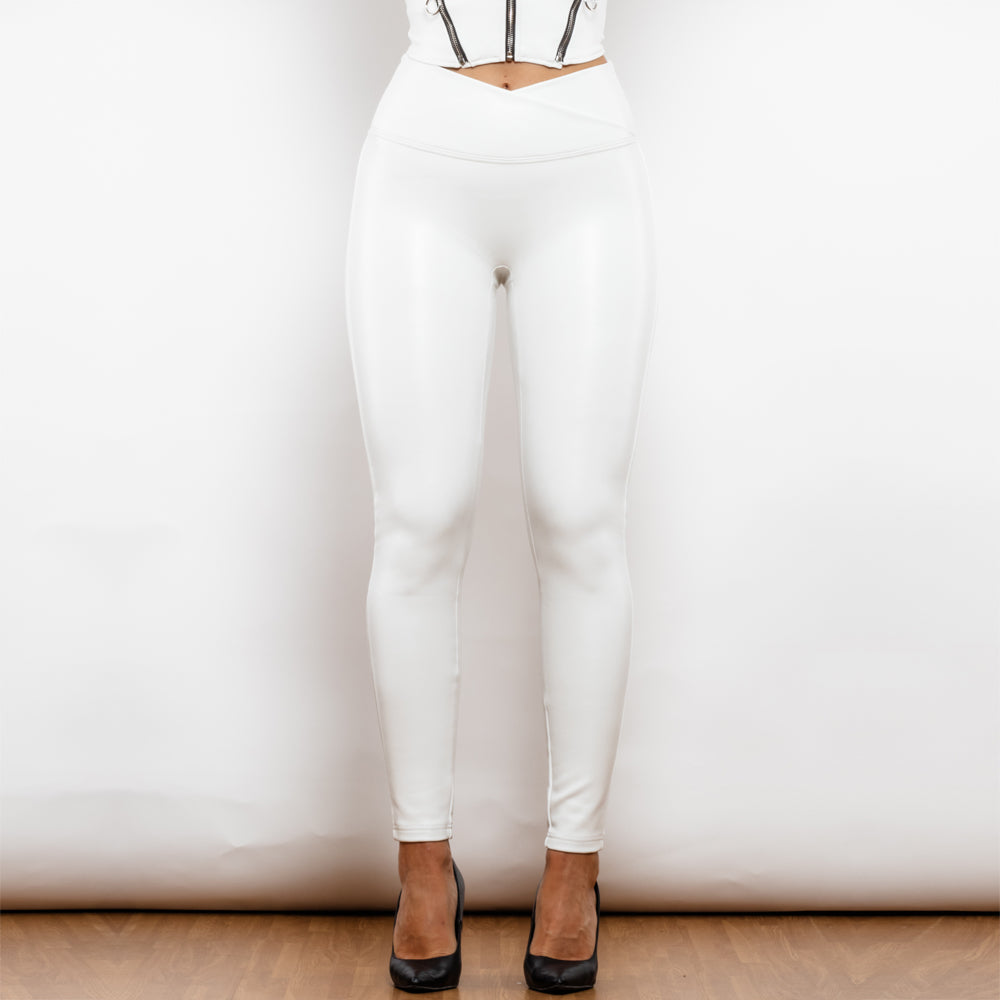 Lovemi -  Shascullfites Melody X Cross Solid White High Waist Leather V Shape Leggings Leather Pants X Cross Pants Leather Leggings