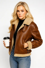 Women's brown shearling aviator jacket – cropped leather coat with faux fur collar and cuffs 2