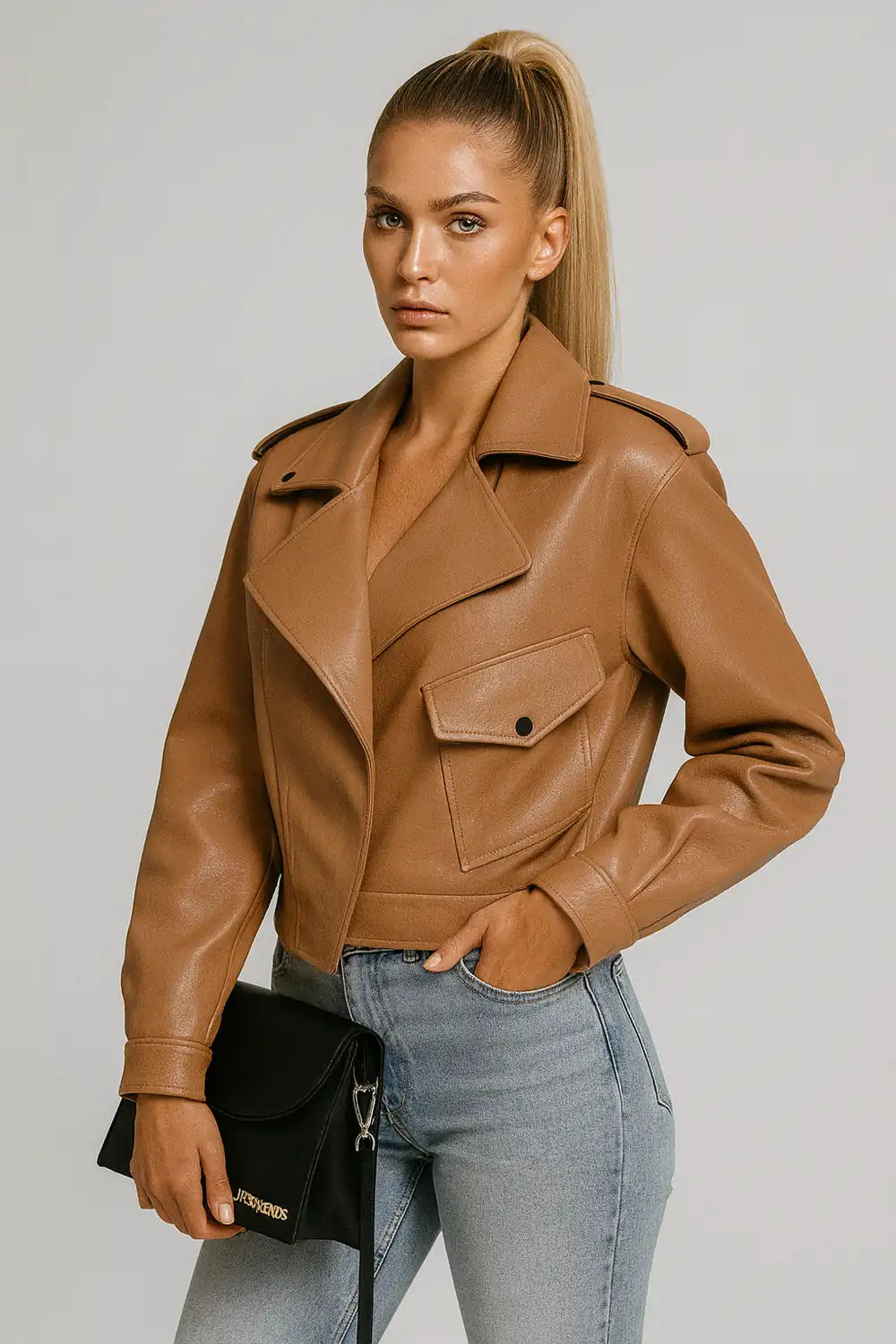 Women's camel faux leather biker jacket with front pockets – trendy street style