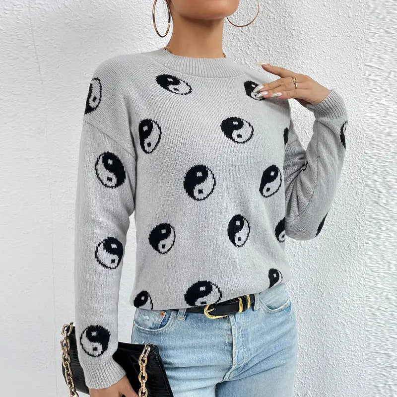 Jacquard Crewneck Pullover Knitted Sweaters For Women Casual