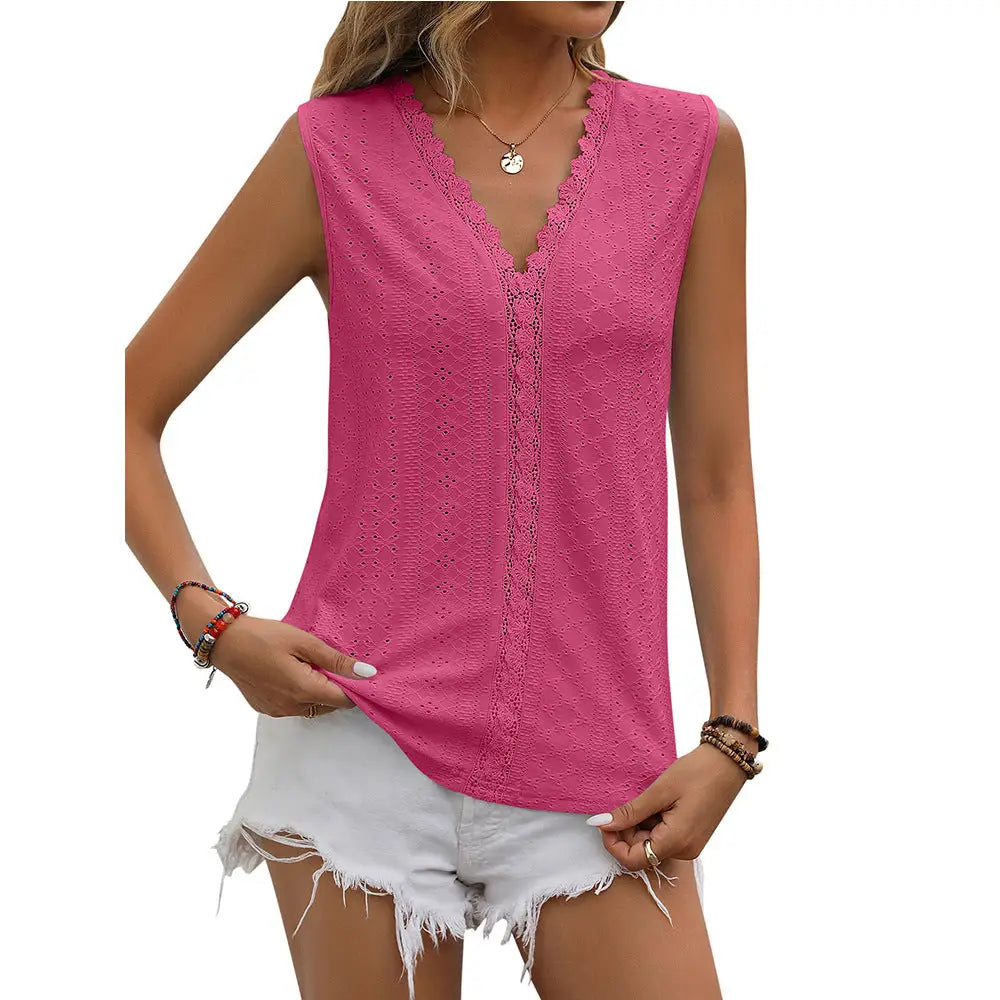 Lace Tops Women V-neck Sleeveless Hollow Out Vest Summer