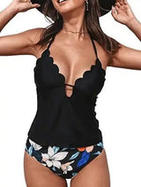 Ladies Fashion Cutout Lace-Up Halter Swimsuit-Black-1