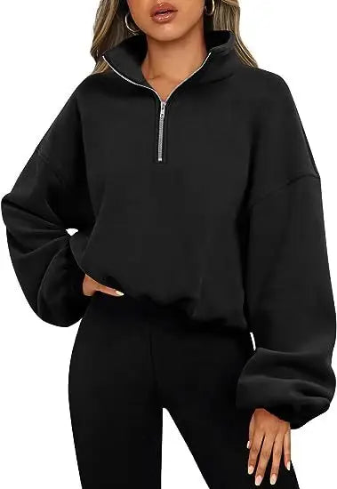 Loose Sport Pullover Hoodie Women Solid Color Zipper Stand