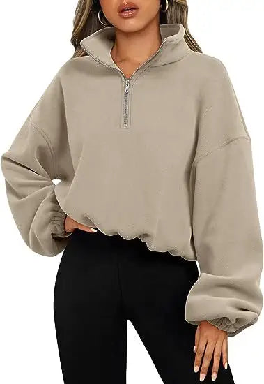 Loose Sport Pullover Hoodie Women Solid Color Zipper Stand