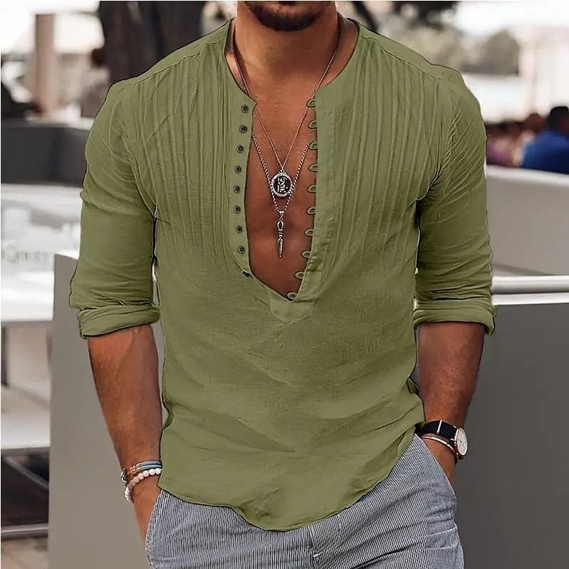 LOVEMI  0 Army Green / S Lovemi -  Men's Casual Loose Button Cotton Round Neck Shirt