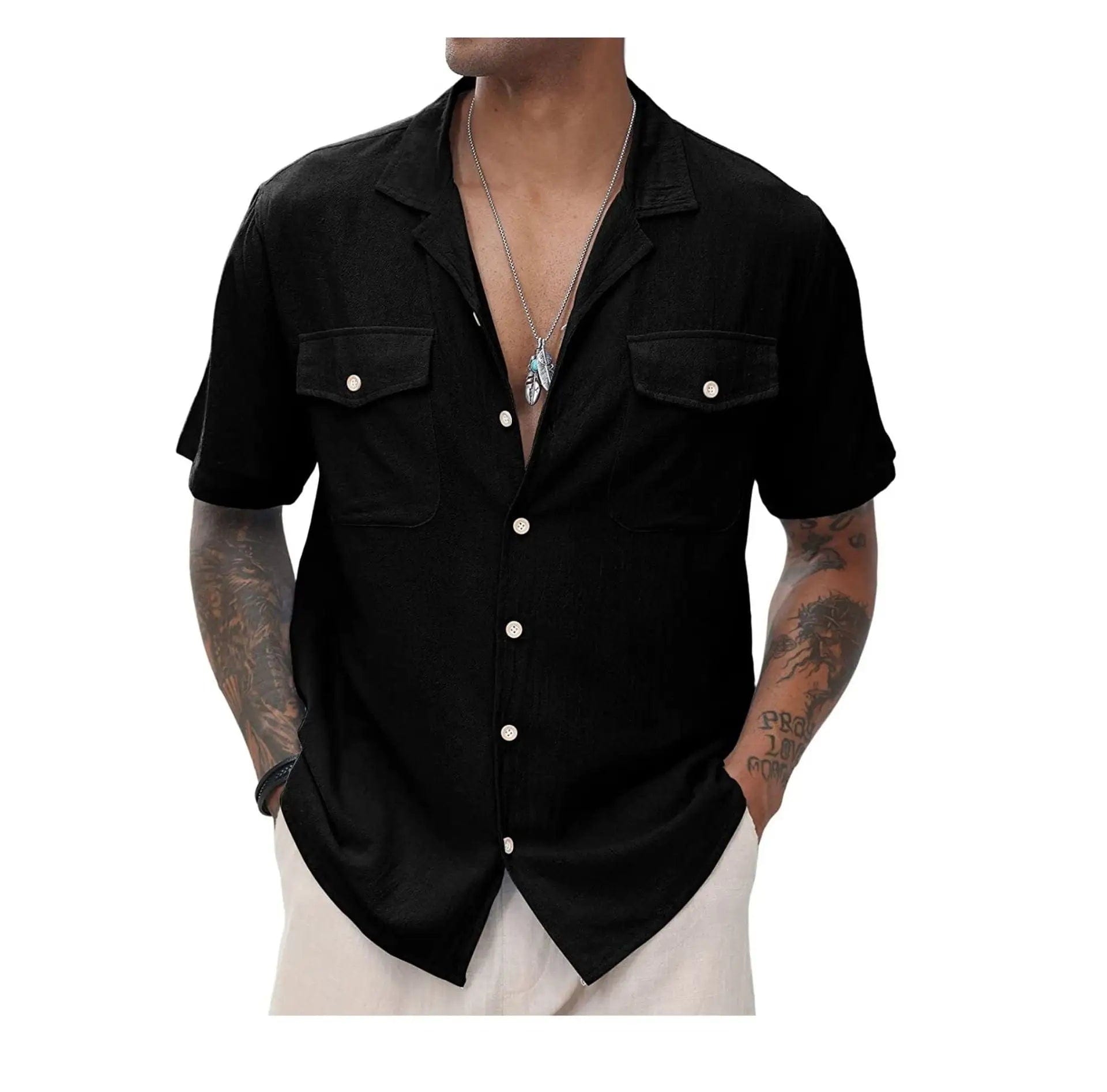 LOVEMI  0 Black / M Lovemi -  Men's Casual Loose Solid Color Pocket Shirt