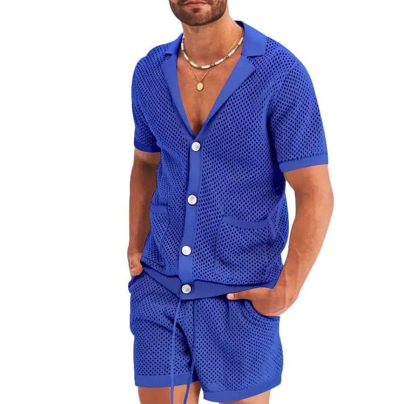 LOVEMI  0 Blue / S Lovemi -  Men's Casual Mesh Knit Casual Lapel Two-Piece Suit