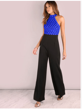 LOVEMI  0 blue / XL European and American women's sexy jumpsuit hanging neck sequins stitching trumpet jumpsuit trousers