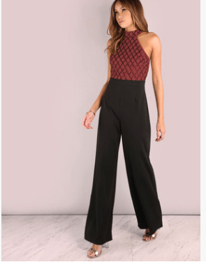 LOVEMI  0 Claret / XL European and American women's sexy jumpsuit hanging neck sequins stitching trumpet jumpsuit trousers