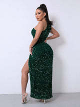 LOVEMI  0 Dark green / XS Foreign Trade Sleeveless One Shoulder Slash Neck Sequins Gorgeous Slit Women's Dress