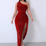 LOVEMI  0 Foreign Trade Sleeveless One Shoulder Slash Neck Sequins Gorgeous Slit Women's Dress