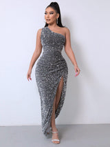 LOVEMI  0 Grey / XS Foreign Trade Sleeveless One Shoulder Slash Neck Sequins Gorgeous Slit Women's Dress