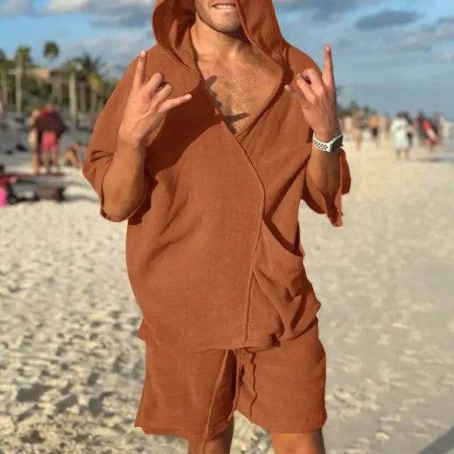 LOVEMI  0 Khaki / M Lovemi -  Men's Pocket Hooded Loose Vacation Suit Two-Piece Set