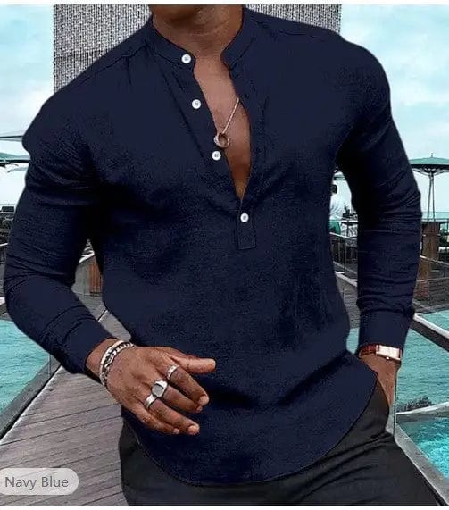 LOVEMI  0 Navy Blue / S Lovemi -  Men's Shirt Casual Long Sleeve Solid Color Cotton Linen Henley Top
