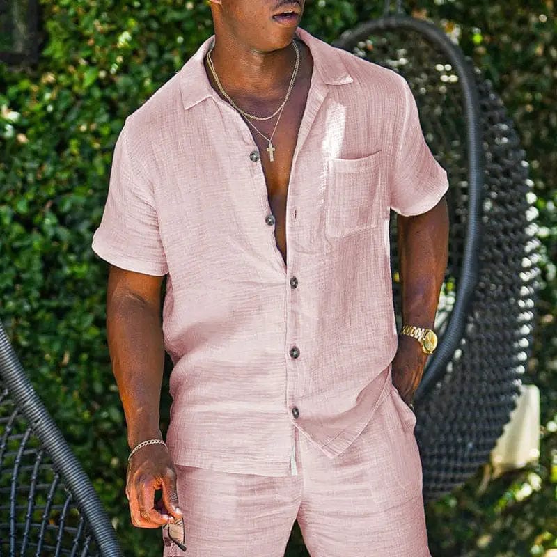 LOVEMI  0 Pink / S Lovemi -  Men's Casual Fashion Cotton Short Sleeve Loose Two-piece Suit