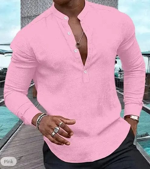 LOVEMI  0 Pink / S Lovemi -  Men's Shirt Casual Long Sleeve Solid Color Cotton Linen Henley Top