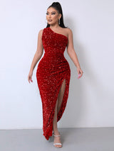 LOVEMI  0 Red / XS Foreign Trade Sleeveless One Shoulder Slash Neck Sequins Gorgeous Slit Women's Dress