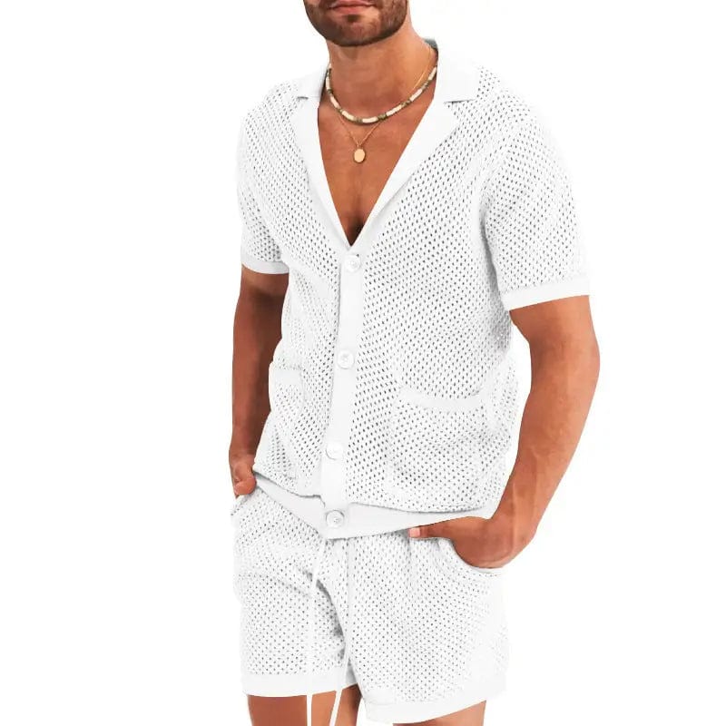 LOVEMI  0 White / S Lovemi -  Men's Casual Mesh Knit Casual Lapel Two-Piece Suit