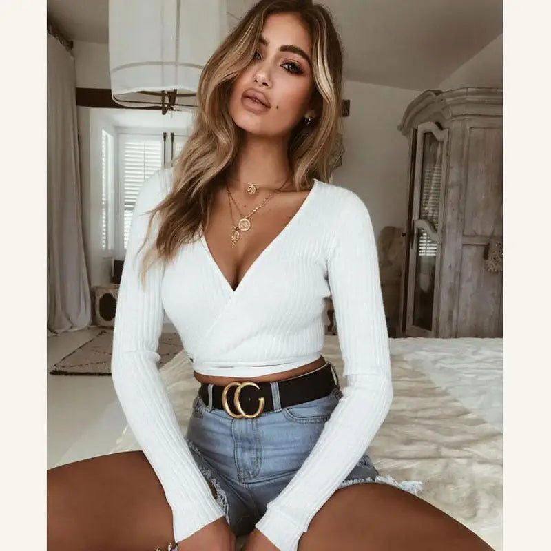 2021 Sexy Women Ladies Summer Slim Crop Tops Long Sleeve T Shirt Casual Solid V Neck Knitted Short