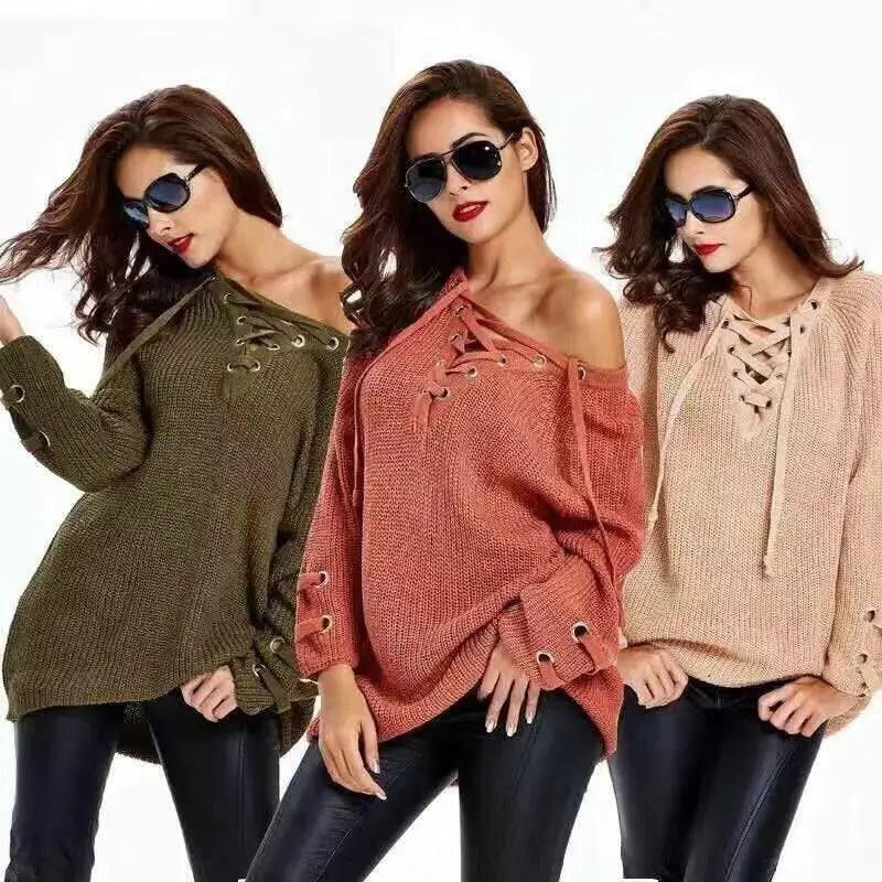 2021 Women Sweater woman Sweaters V Neck Mesh Lace Up-3