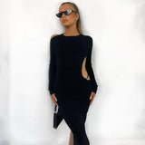 2023 Solid Color Casual Backless Long Sleeve Strap Slim Long-Black-1