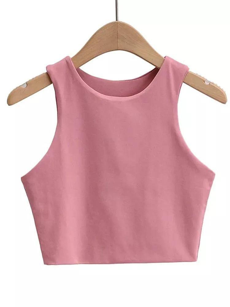 2023 Summer Fashion Women Sexy Slim Tops O-neck Sleeveless-Pink-10