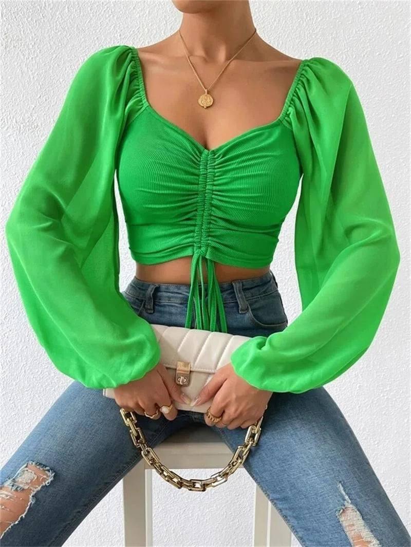 2023 Woman’s Tops Puff Sleeve Sexy Close-Fitting Summer and-green-10