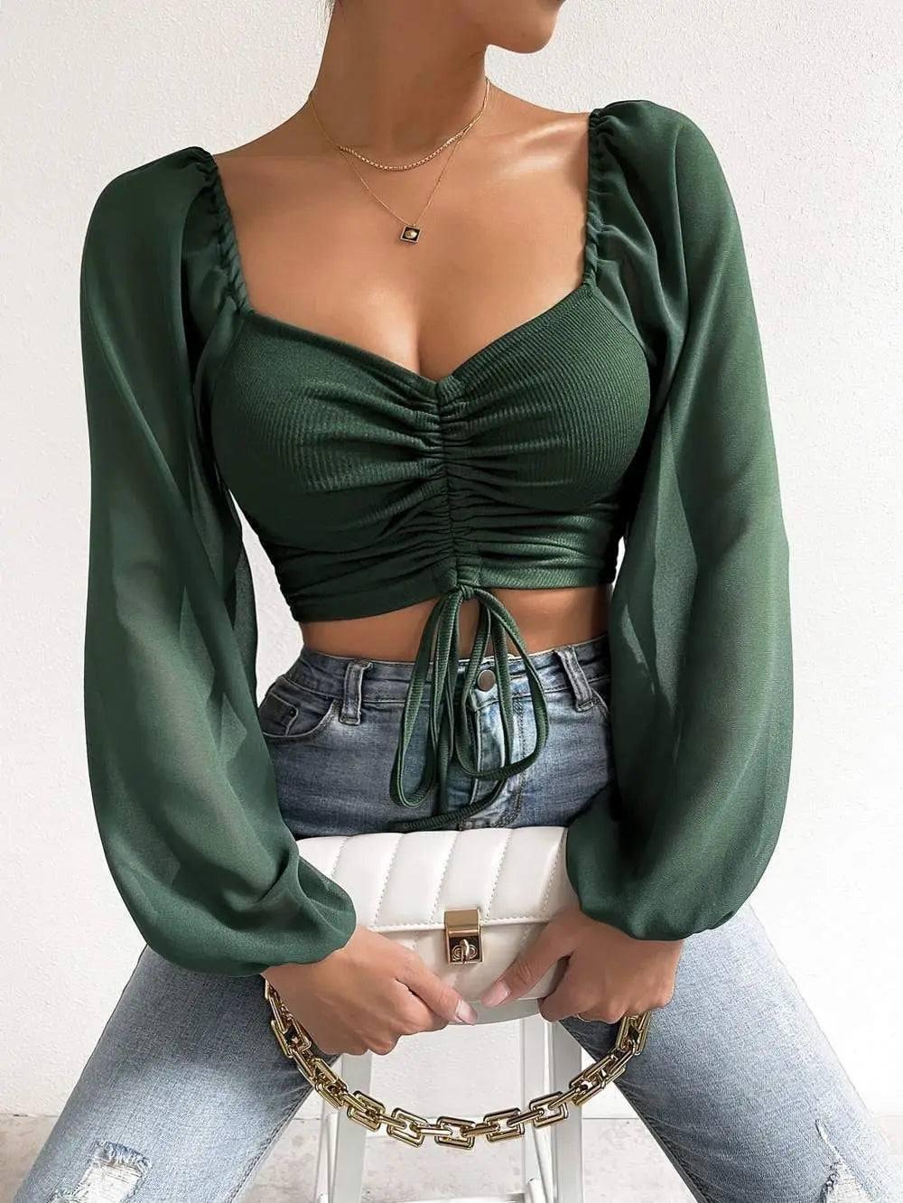 2023 Woman’s Tops Puff Sleeve Sexy Close-Fitting Summer and-army green-17