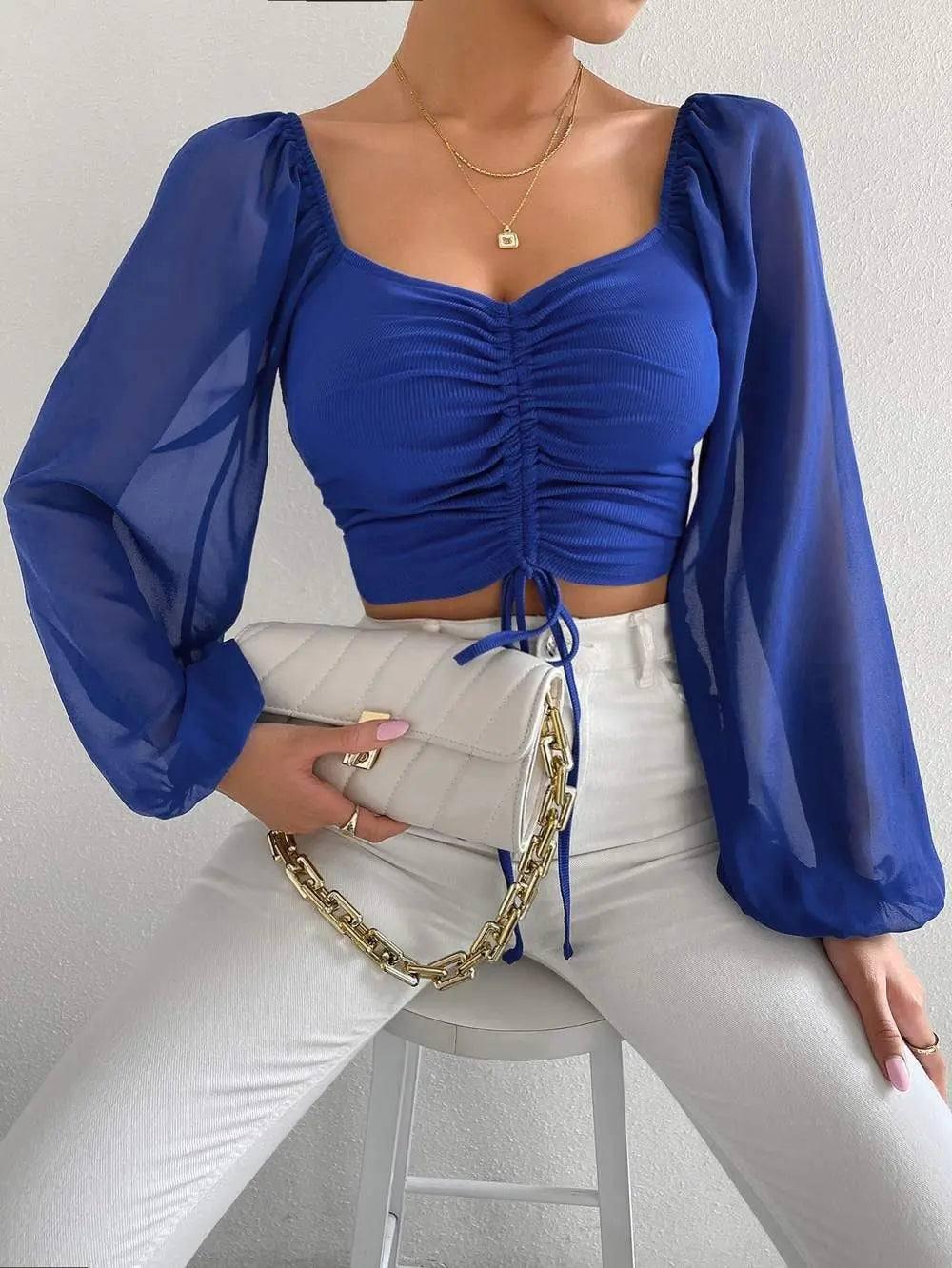 2023 Woman’s Tops Puff Sleeve Sexy Close-Fitting Summer and-Blue-7