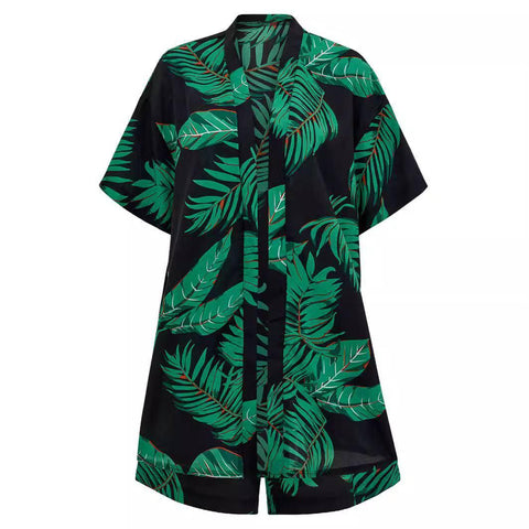 2pcs Casual Holiday Leaves Print Suit Summer Short Sleeve-9