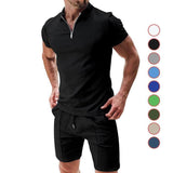 2Pcs Casual Waffle Suit Summer Zipper Lapel Short-sleeved-10