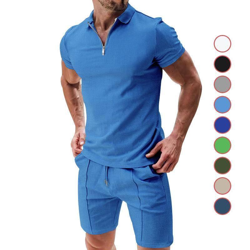 2Pcs Casual Waffle Suit Summer Zipper Lapel Short-sleeved Light Blue / 3XL-1