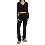 2pcs Knitted Hooded Suits Women's Long-sleeved Cardigan And-Black-12