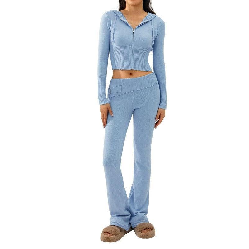 2pcs Knitted Hooded Suits Women's Long-sleeved Cardigan And High Waisted Trousers Clothing-Blue-13