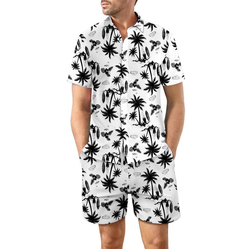 2Pcs Printed Beach Shirt Summer Suit Loose Lapel Button Top-DCS07DXCS7-4